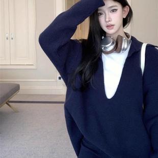 好货韩系慵懒风藏蓝色深v领浣熊绒毛衣女秋冬加厚宽松高级感针织