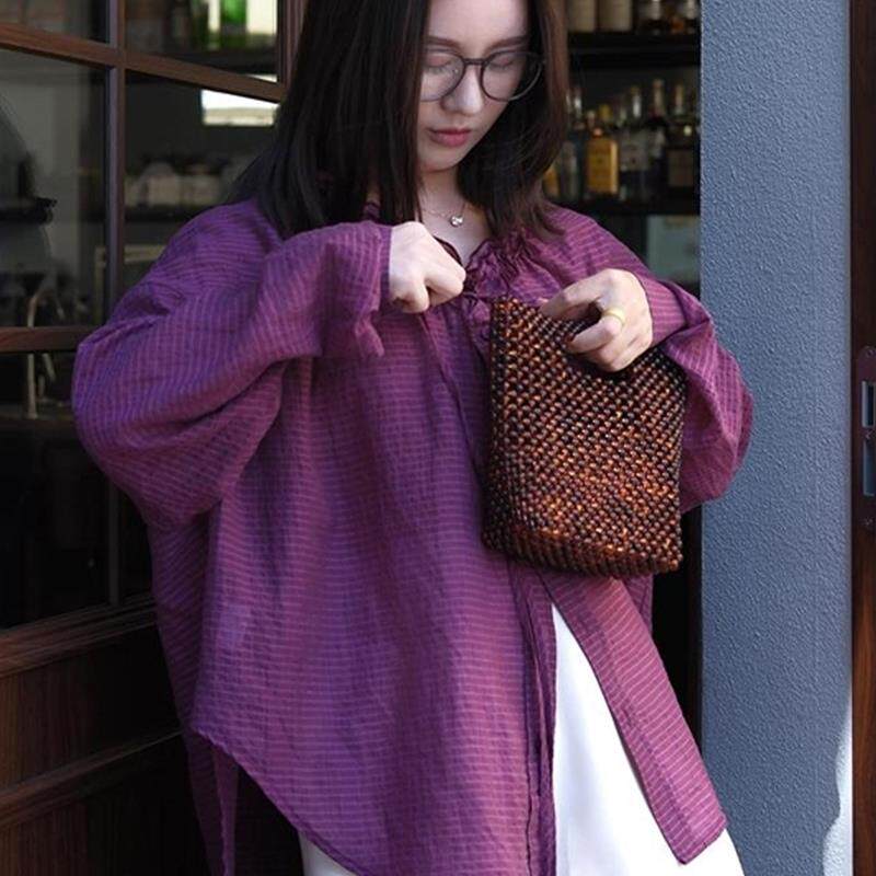 好货轻奢高级感紫色条纹木耳边v领长袖衬衫女秋季款洋气减龄绝美