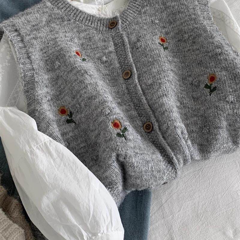 好货韩系慵懒风花朵针织马甲背心女秋冬衬衫叠穿无袖坎肩外搭毛衣