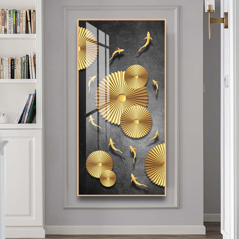 非密度板装饰画玄关九鱼图平面晶瓷画现代轻奢黑金色挂画竖版大幅图片