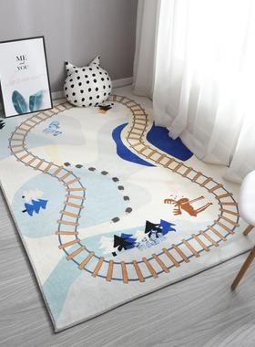 儿童房间地毯卧室床边毯男孩阅读区地垫子蓝色火车轨道防滑可擦洗