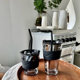 玻璃水杯高档精致牛奶杯颜值高家用随行杯外带吸管杯 咖啡杯便携式