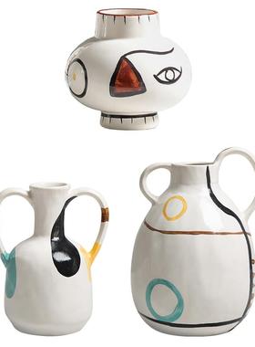 简约现代北欧黑白格纹陶瓷花瓶轻奢样板房间家居软装饰品桌面摆件