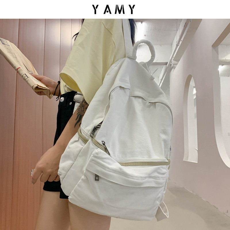 花曦家 白色小众书包oins日系女高级感大学生帆布双肩包简约背包