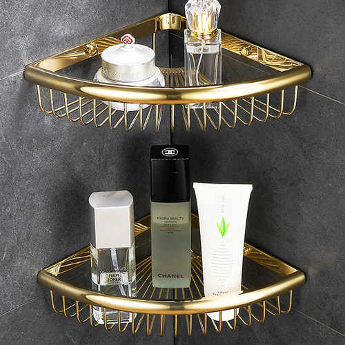 卫生间全铜三角篮浴室置物架免打孔淋浴房金色转角网篮双层三角架