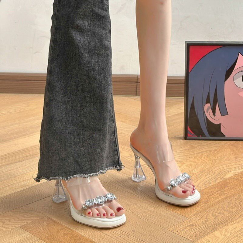 法式水钻透明水晶跟凉鞋女夏一字带E高级感粗跟拖鞋高跟鞋外穿凉