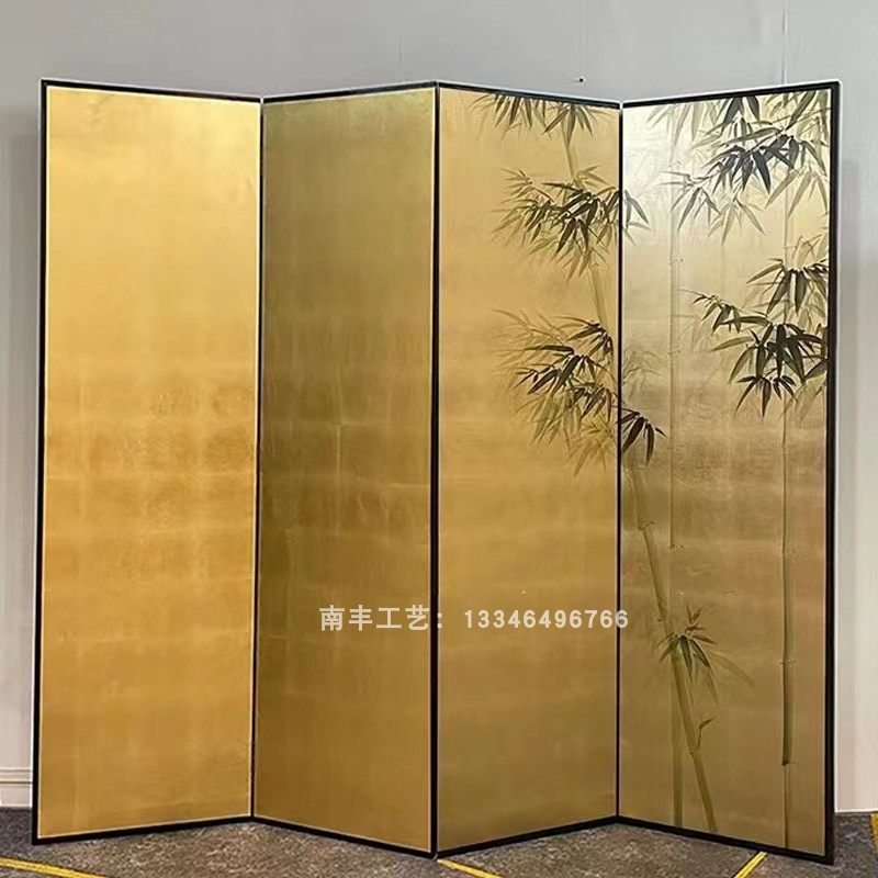 中式手绘金箔竹子屏风漆画隔断客厅卧室简约现代折叠移动遮挡定制