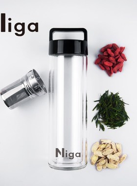 niga双层水杯便携夏季高档大容量耐热茶水分离泡茶杯子玻璃杯男女