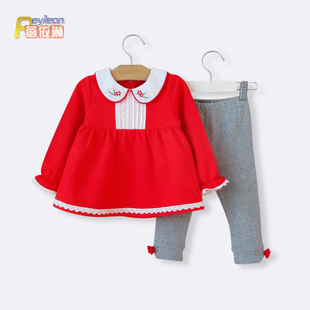 小童装女童宝宝秋装红色新年衣服0-1-3岁婴儿公主连衣裙套装洋气2