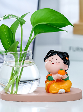 可爱唐仕女水培摆件新中式客厅书房办公室桌面绿萝植物治愈系装饰