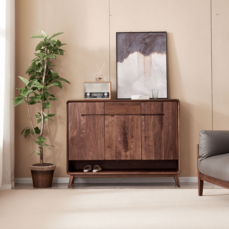 梦天然北美黑胡桃木实木鞋柜三门鞋柜原木北欧极简玄关柜全实木