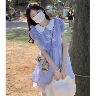 大码女装夏季胖mm娃娃领蕾丝边甜美可爱蓝色格纹公主蓬蓬裙连衣裙