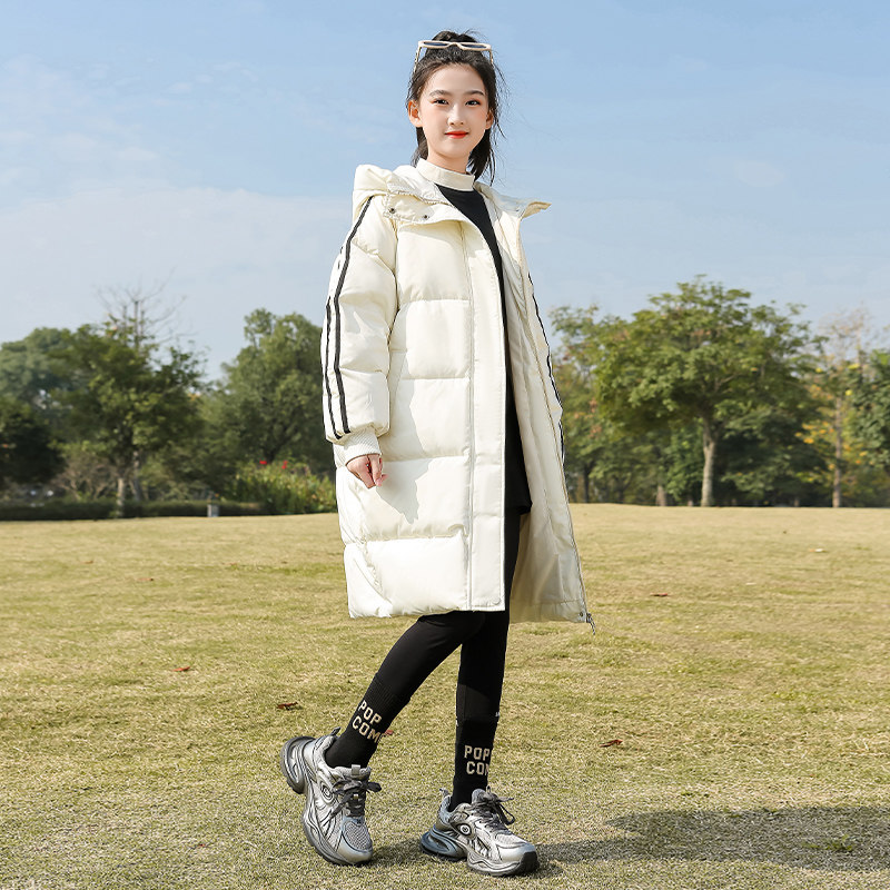 女童羽绒服白色2023新款洋气冬季儿童女孩长款过膝外套大童初中生