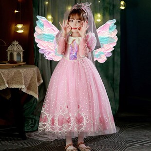 万圣节儿童服装粉色公主裙秋冬女童加绒连衣裙小女孩高端礼服裙子