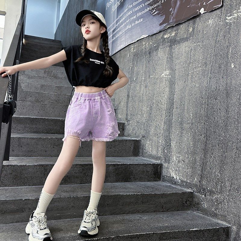 女童短款短袖2025夏季新款露脐上衣潮酷时髦薄款T恤街舞洋气爵士