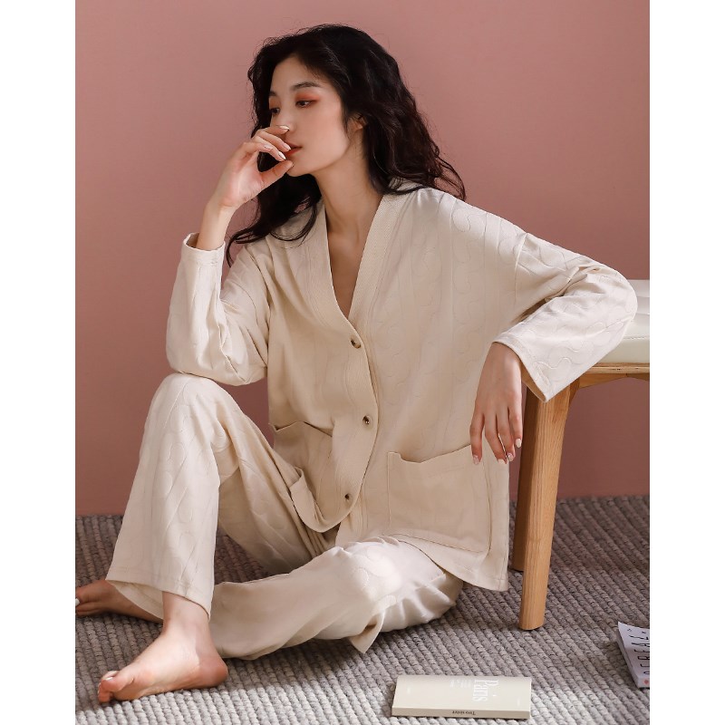 2023年新款女士睡衣春秋款纯棉长袖秋冬季日式简约开衫时尚家居服