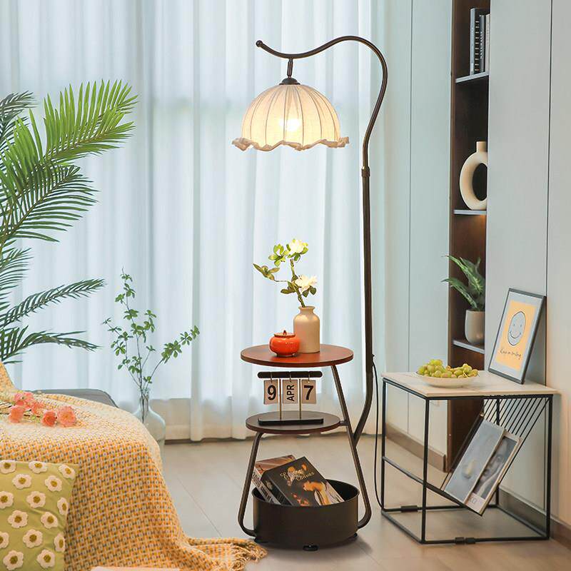 落地灯中古风卧室床头柜一体置物架台灯客厅沙发旁边氛围感覆古灯