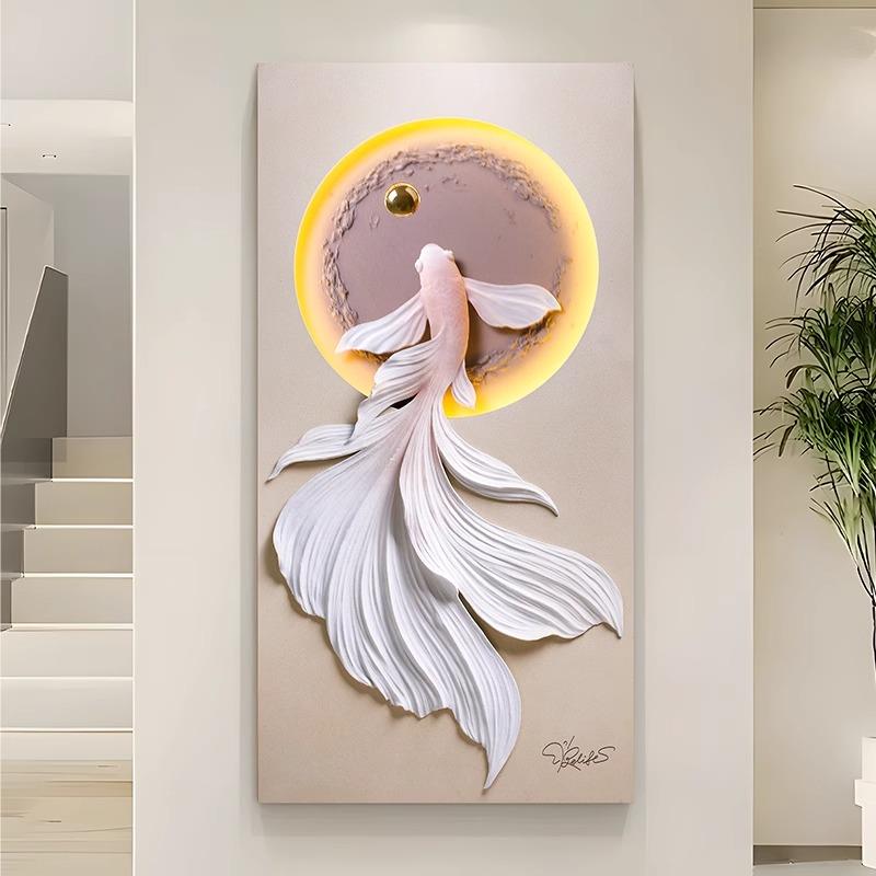 福雕挂锦鲤悠然上游鱼3d玄关立体装饰画画正门对过道浮雕画客厅背