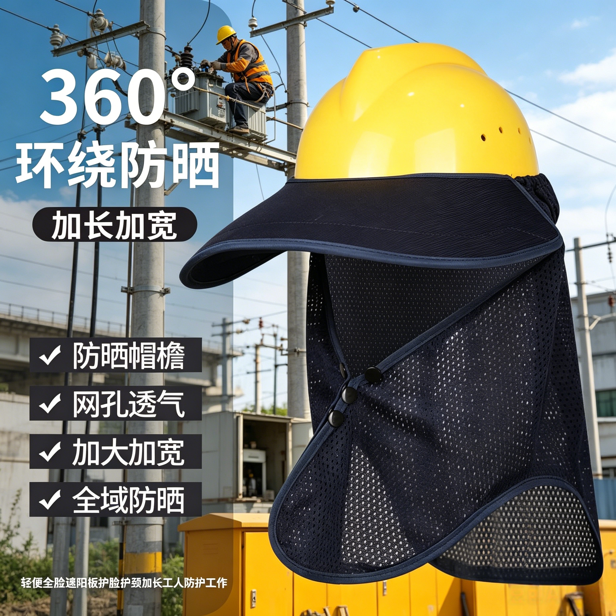 防晒遮阳帽檐安全帽降温户外空顶隔热工作防紫外线防护工人加长