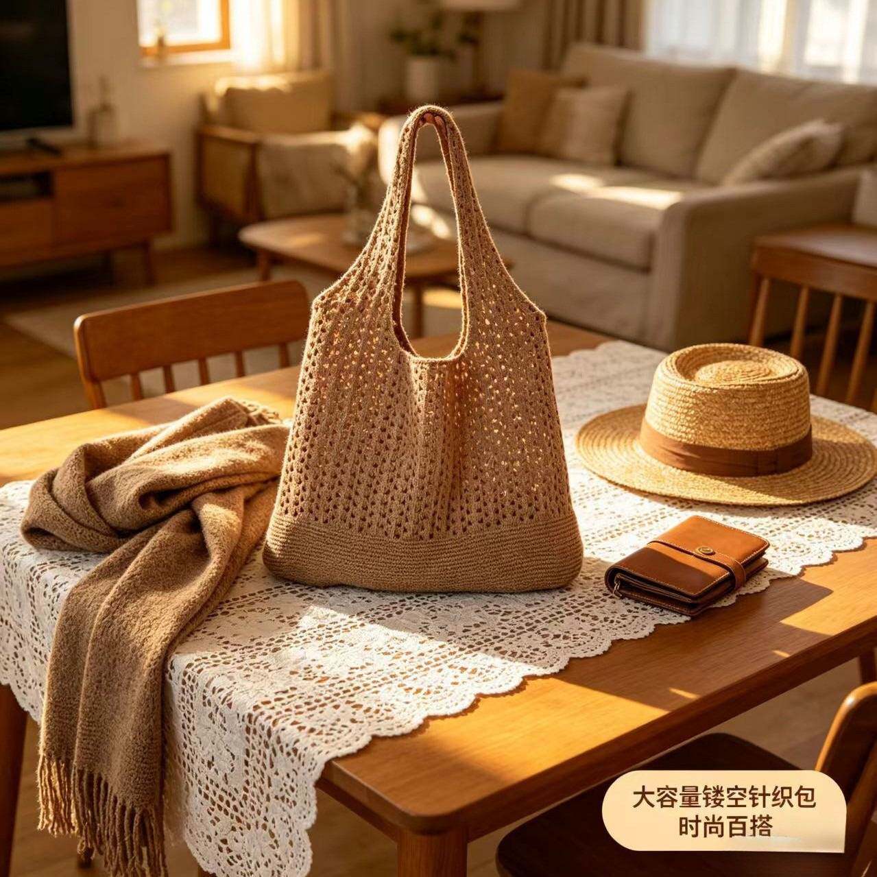 女式钩针包夏季沙滩手提包美学嬉购物袋/环保袋/帆布
