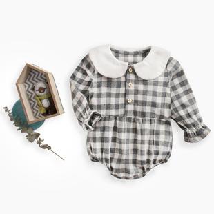 婴儿衣服秋冬哈衣格子宝宝连体衣娃娃领新生儿baby bodysuit磨毛