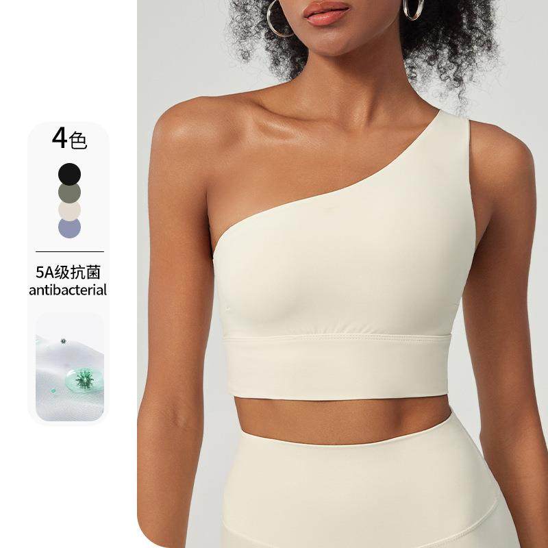 跨境斜肩运动内衣个性跑步健身舞蹈美背裸感抗菌瑜伽文胸防震内搭