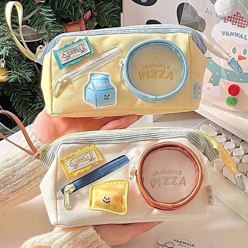 可爱撞色拼接笔袋高颜值ins风大容量女生痛包文具盒食物铅笔盒孩