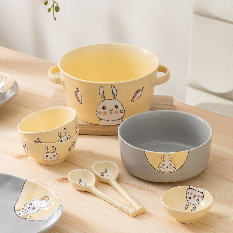釉下彩日式卡通餐具可爱碗碟套装家用碗盘乔迁碗具情侣碗筷2人