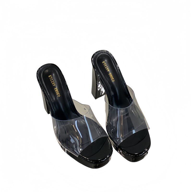 时尚杏色透明鱼嘴厚底拖鞋女外穿粗跟防水台不累脚12cm超高跟凉鞋