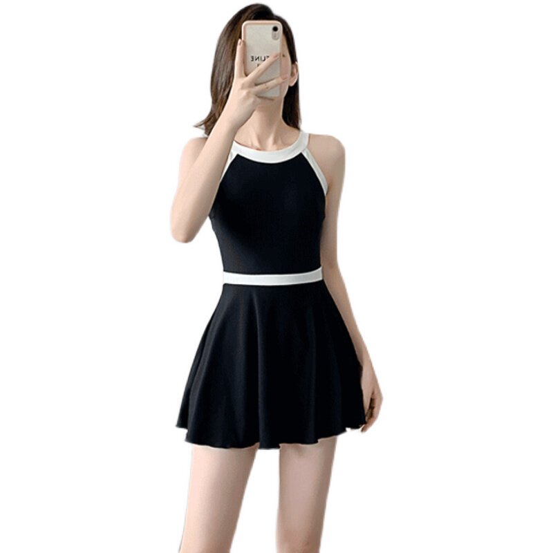 新款黑色显瘦遮肚连体泳衣裙式小胸聚拢保守学生温泉泳衣女夏