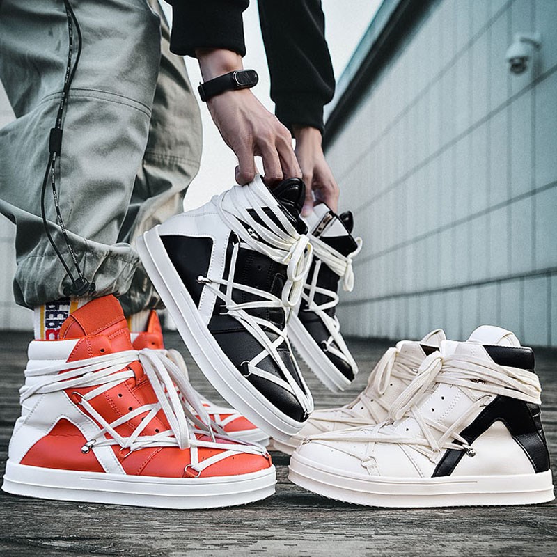 ro鞋子男五芒星倒三角潮流高帮系带男士板鞋厚底内增高马丁靴短靴