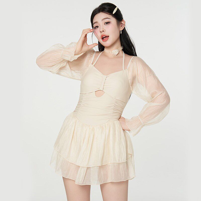 泳衣女胖妹妹遮肚子大码微t胖女孩连体温泉保守长袖2024新款游泳