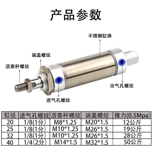 亚德客带缓冲迷你气缸MFC20X25X32X40X50X63X10X60X75SX100U125CA