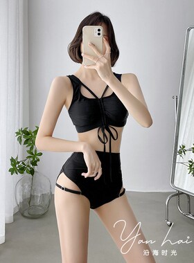 泳衣女韩国ins仙女范比基尼黑色温泉保守分体小平角 显瘦遮肚泳装