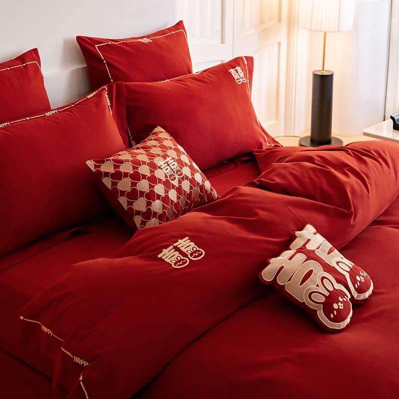 新中式婚庆50支双股磨毛四件套全棉加厚保暖刺绣被套床单秋冬