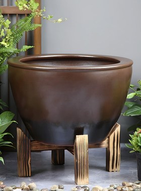 陶瓷鱼缸支架底座十字支撑实木底座圆形陶瓷缸专用装饰品底座摆件