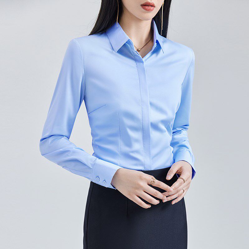 蓝色衬衫女士早春季2024新款通勤气质酒店M前台职业正装工作服衬