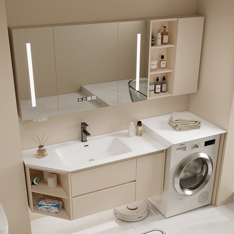定制切角陶瓷一j体盆洗衣机柜组合浴室洗漱台洗手脸盆卫生间奶油