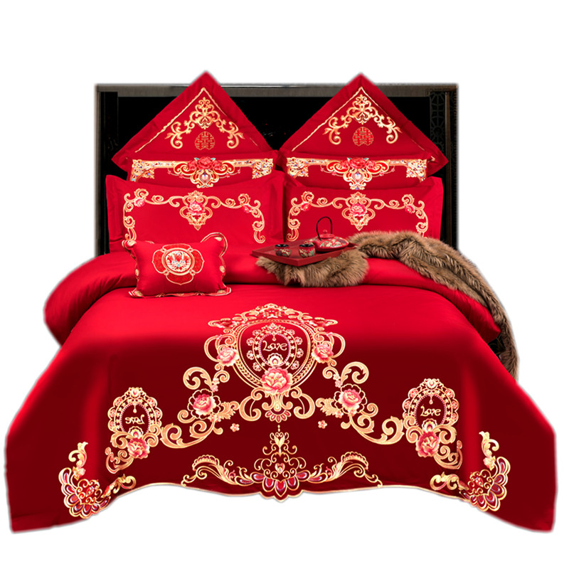 新婚庆四件套大红全棉刺绣结婚房床上用品纯棉被套喜被子六十件套