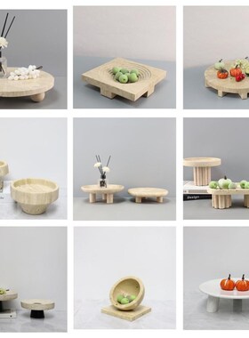 侘寂风天然大理石洞石圆形果盘软装饰摆件样板间餐桌收纳托盘果盆