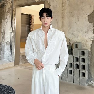 气质网红时尚 小众走秀款 韩版 男长袖 帅气衬衣发型师 烫钻设计感衬衫