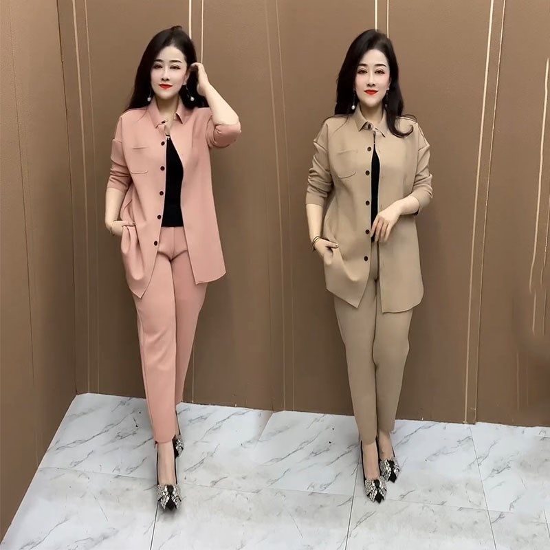 韩版时尚套装女2024春季新款简约气质I中长款衬衫九分小脚裤两件