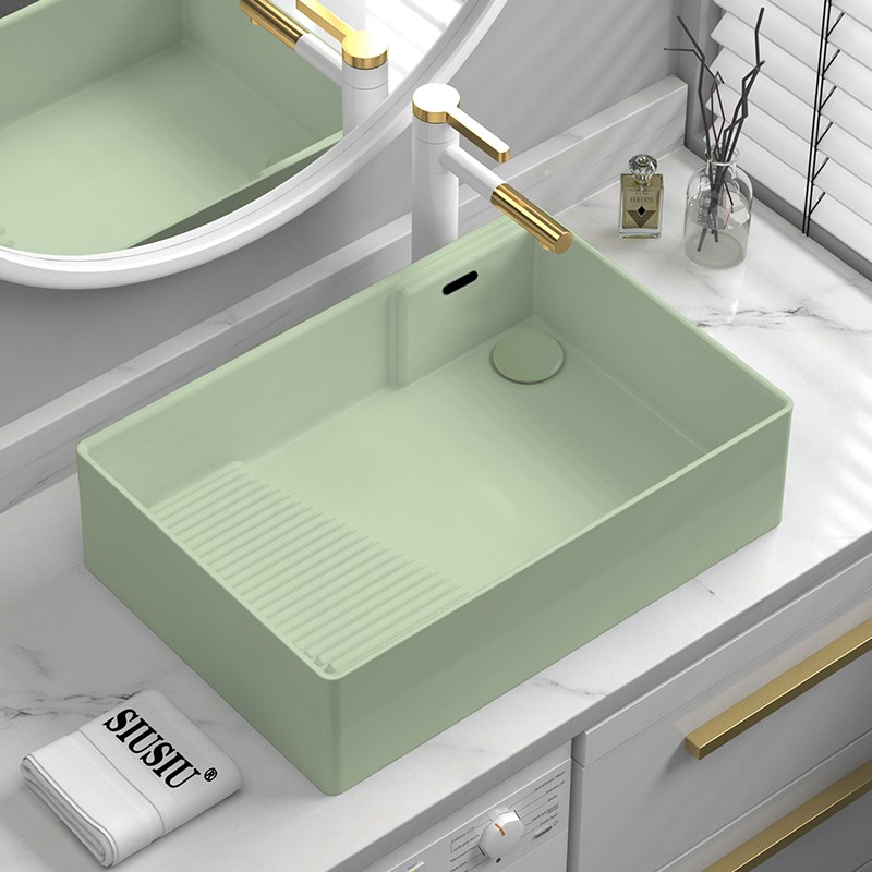 洗衣机洗手槽台上盆陶瓷左右后侧排下水孔搓衣板偏口果绿色洗衣池