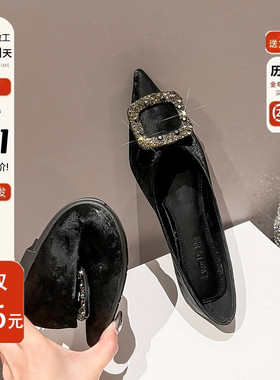 法式尖头单鞋女2024新款浅口鞋子仙女风气质N平底鞋黑色瓢鞋大码4