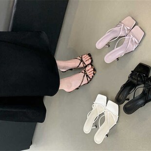 2024夏外穿豹纹交叉细带中跟凉鞋法式高跟拖鞋方头一Z字带凉拖女