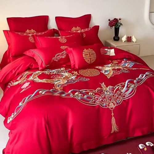 中式龙凤刺绣纯棉婚庆结婚四件套全棉大红色床单被套嫁妆喜被婚嫁