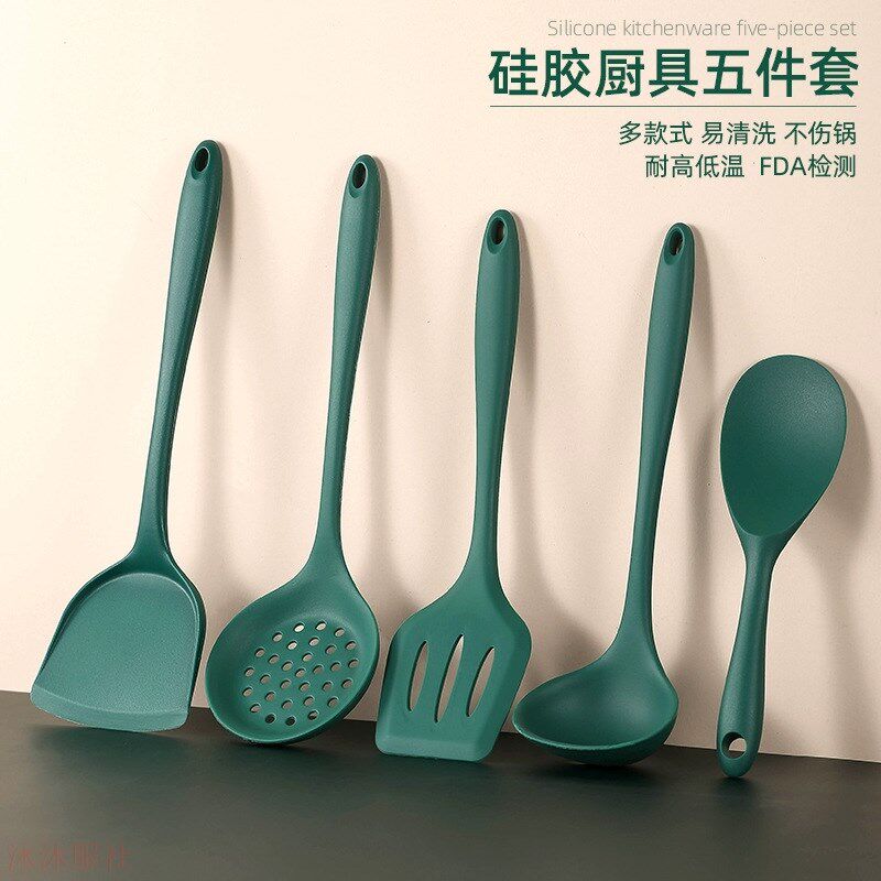 新款墨绿色多色牛油果硅胶厨具五件套不粘锅厨房用品勺子铲套装