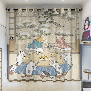 卧室客厅挂钩遮光打孔窗帘布 浮世绘猫咪卡通定制粗麻长帘插画个性