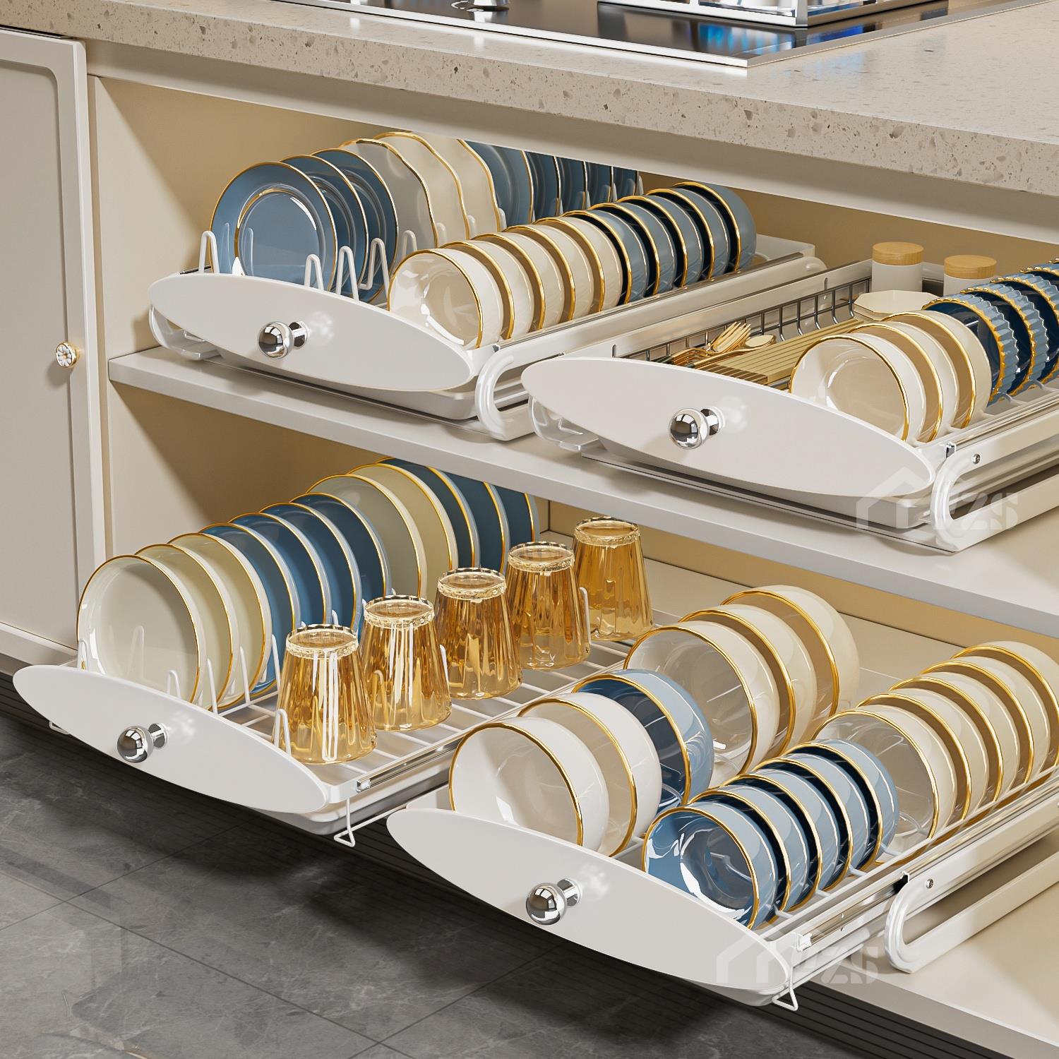 碗碟收纳架新款橱柜内抽拉式放碗盘筷置物架抽屉拉篮厨房沥水碗架