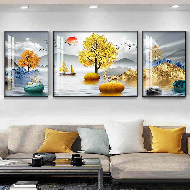 客厅装饰画轻奢壁画简约现代沙发背景墙挂画晶瓷画山水画三联画